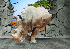 Фреска 3D носорог разрушает стену