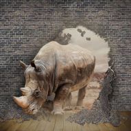 Фреска 3D носорог крушит стену