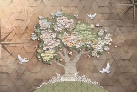 Фреска 3D Дерево с картой и птицами