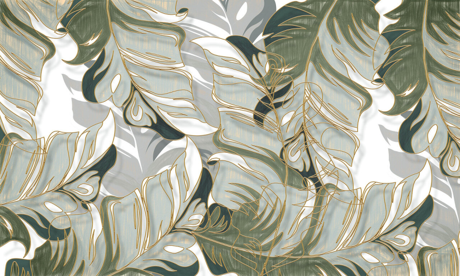 Фреска Оливковые листья с золотым контуром