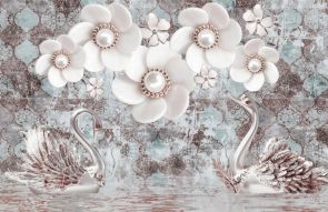 Фреска 3Д цветы с лебедями